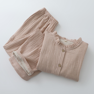 复古木耳边棉麻睡衣男女春夏薄款宽松透气长袖长裤情侣家居服套装