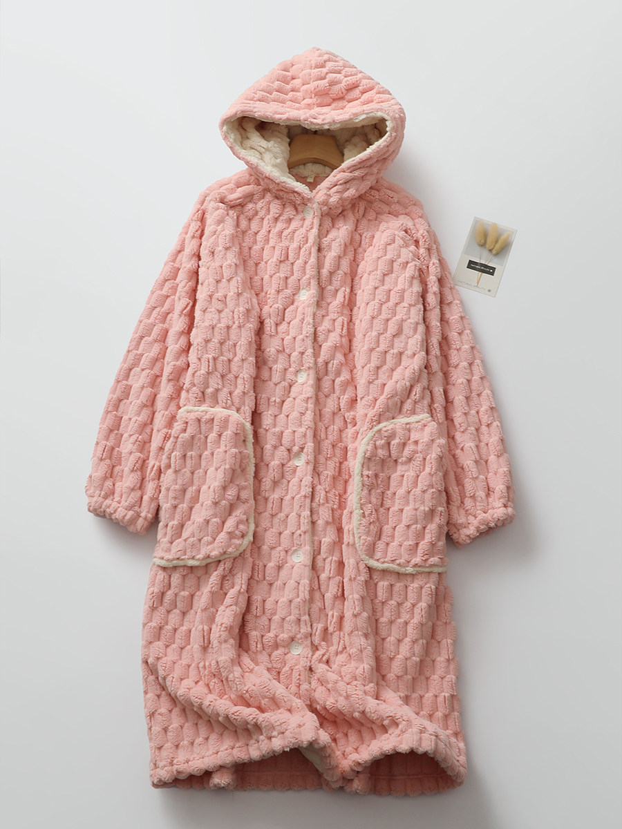 후드 긴 소매 누에고치 모양의 가디건 가정용 잠옷이 있는 여성용 겨울 두꺼운 산호 벨벳 잠옷은 가운 밖에 착용할 수 있습니다