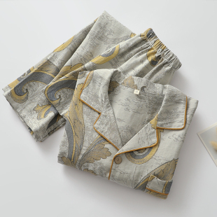 国风凤舞睡衣男纯棉纱日系翻领长袖 色织全棉春夏家居服两件套 长裤