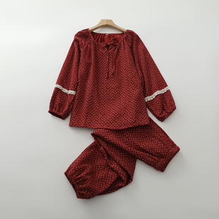 酒红小碎花束脚睡衣套装女学生纯棉纱系绳蕾丝收口长袖长裤家居服
