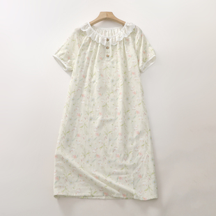 甜美卡通短袖睡裙女学生纯棉纱蕾丝圆领套头夏季家居连衣裙睡眠裙