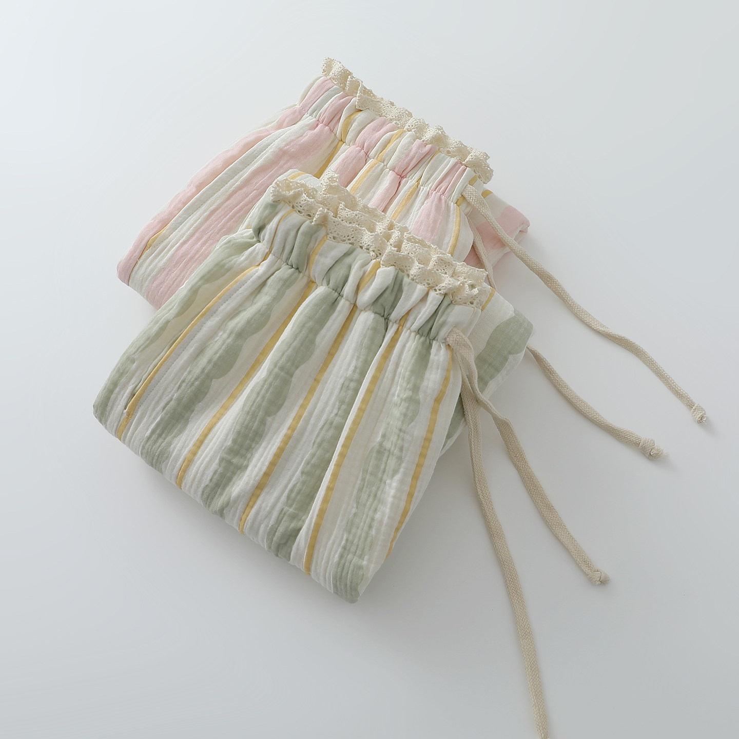 小清新条纹花苞睡裤女生水洗纯棉纱薄文艺蕾丝阔腿长裤家居睡眠裤,女士内衣/男士内衣/家居服,睡裤/家居裤,淘宝优惠券,粉丝福利购,淘宝优惠卷