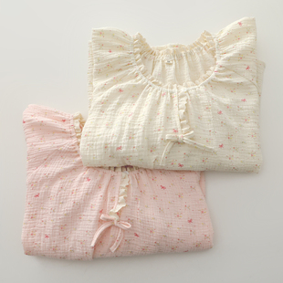 甜美韩系套头睡衣女生纯棉纱木耳花边长袖 春夏薄蝴蝶结家居服 长裤