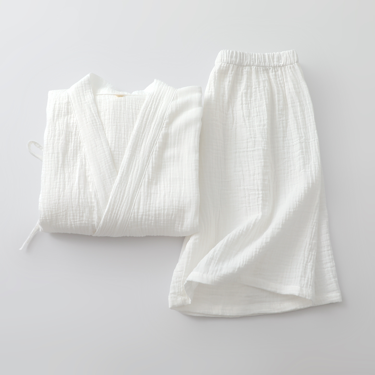 夏中式国风7分袖短裤睡衣男女纯棉纱布薄复古细绳汗蒸家居睡眠服