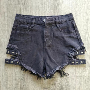 黑色牛仔短裤女夏季新款韩版洋气镂空阔腿裤BF风高腰宽松显瘦热裤