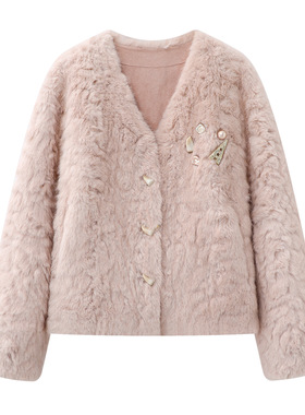 72XX-3017V领环保皮草毛毛外套2025秋冬新款千金风宽松保暖女上衣