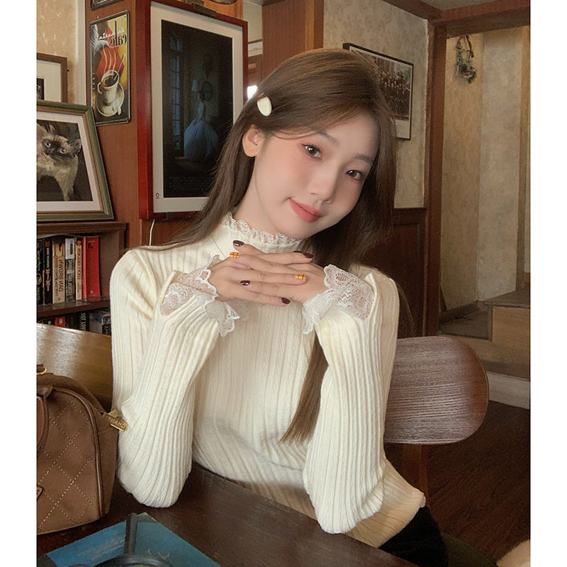 别致半高领蕾丝拼接打底衫女春秋冬季气质针织毛衣假两件内搭上衣,女装/女士精品,毛针织衫,淘宝优惠券,粉丝福利购,淘宝优惠卷