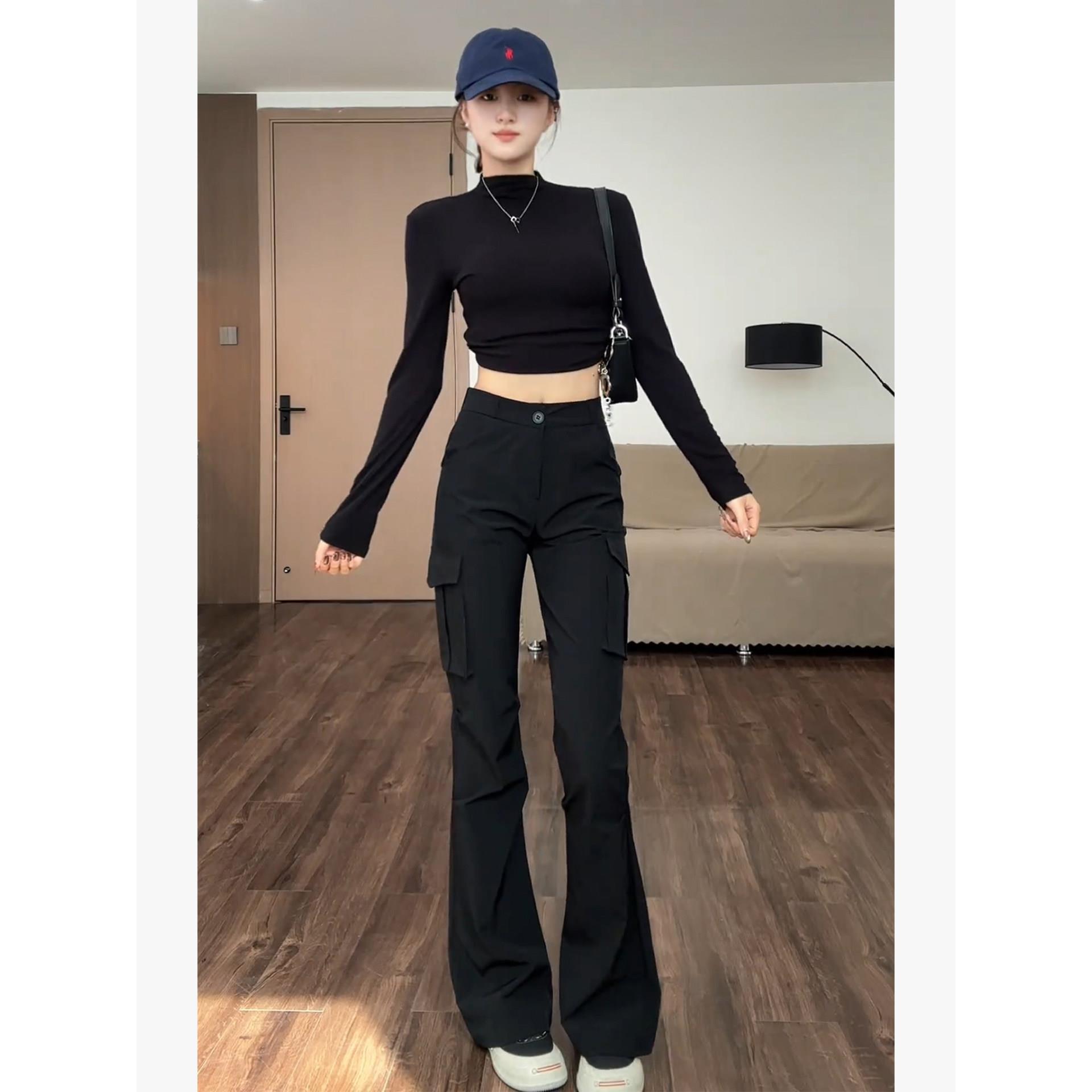 黑色工装裤女款2026新款裤子高腰显瘦微喇裤春季休闲裤春装喇叭裤图片