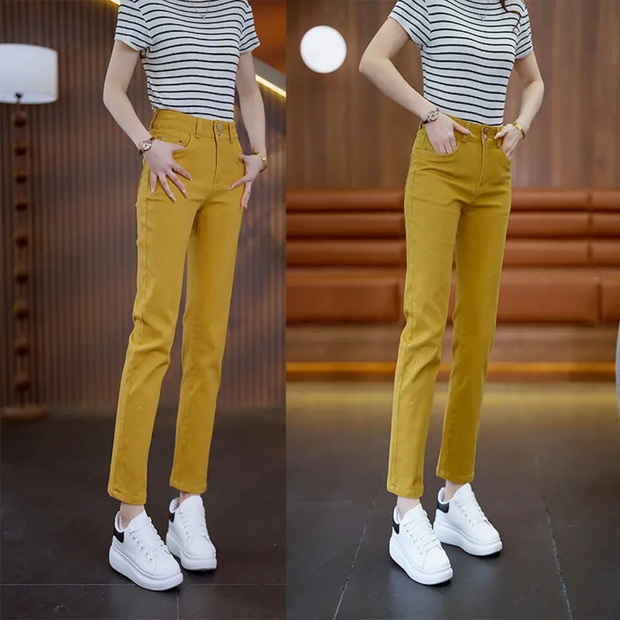 黄色纯棉牛仔裤女2025新款春夏烟管裤高腰时尚休闲窄版直筒女裤子