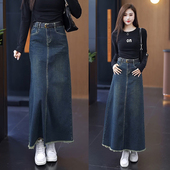 复古高腰牛仔半身裙女2025早秋季 气质a字深蓝不开叉包臀毛边长裙