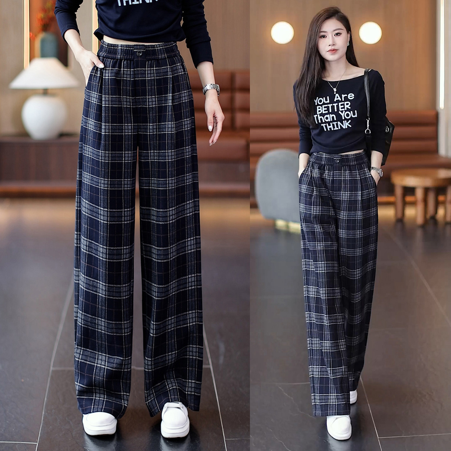 毛呢格子裤高腰窄版阔腿裤女2025秋季新款时尚显瘦直筒复古休闲裤,女装/女士精品,休闲裤,淘宝优惠券,粉丝福利购,淘宝优惠卷