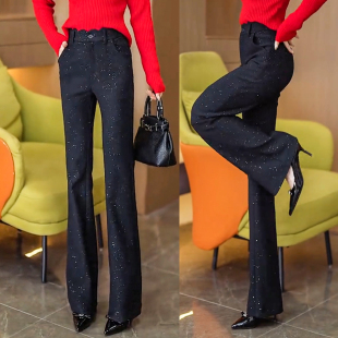 花边高腰黑色亮片修身 百搭显瘦潮流喇叭裤 微喇裤 新款 2026春季 时尚