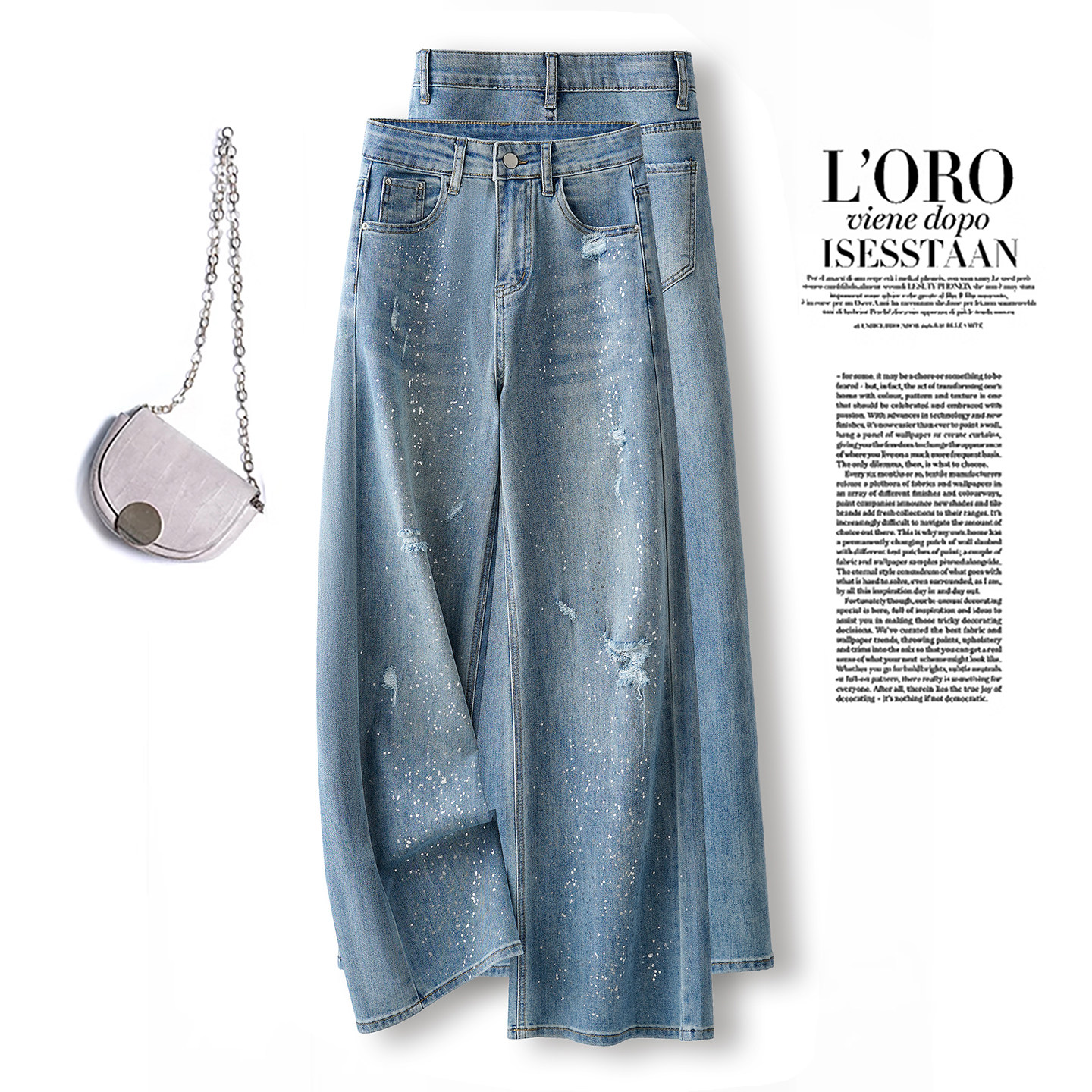 潮流烫钻破洞牛仔高腰阔腿裤2026春季新款百搭宽松遮肉休闲直筒裤,女装/女士精品,休闲裤,淘宝优惠券,粉丝福利购,淘宝优惠卷