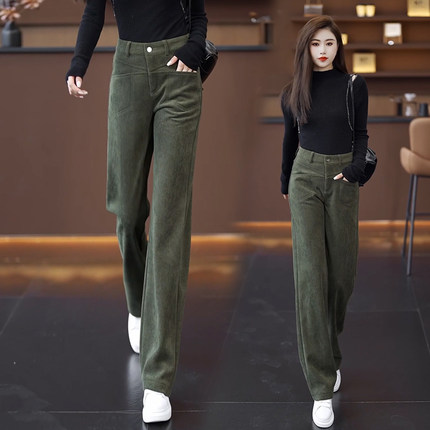 加绒裤子女秋冬2024新款灯芯绒直筒窄版阔腿裤加厚宽松显瘦保暖裤