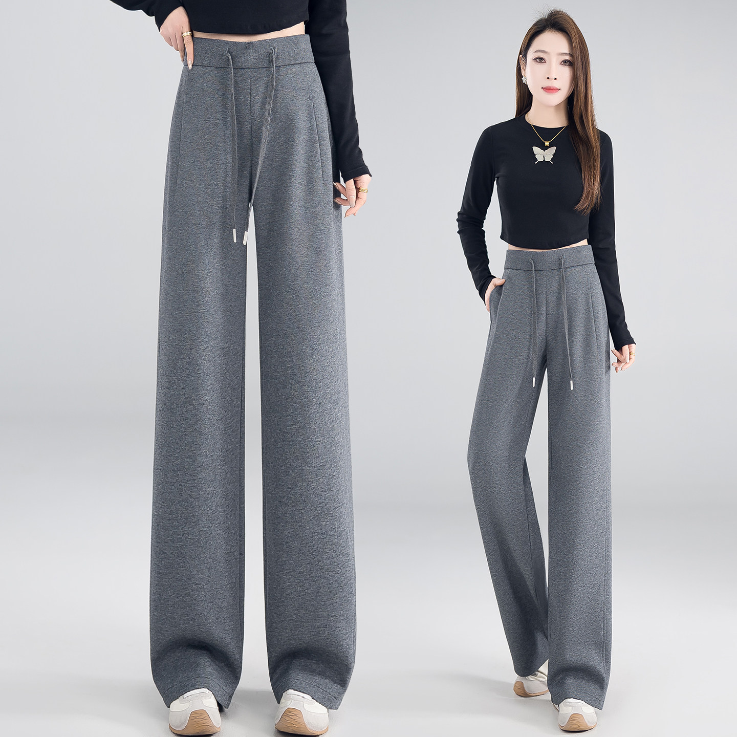 松紧腰百搭宽松纯色窄版阔腿裤2026春季新款女直筒遮肉显瘦休闲裤,女装/女士精品,休闲裤,淘宝优惠券,粉丝福利购,淘宝优惠卷