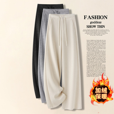 加绒加厚简约窄版阔腿裤2025冬季新款保暖女遮肉显瘦宽松直筒裤子