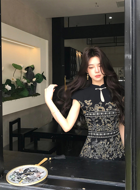 木子李的李2025夏季新中式黑色套装水滴立领连肩袖上衣高腰半身裙