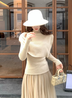 木子李的李设计感高领披肩内搭亲肤针织衫上衣两件套网纱半身裙冬