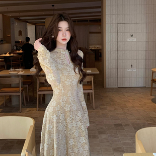 大衣冬 蕾丝连衣裙毛领羊毛外套中长款 木子李 李轻奢立领盘扣长袖