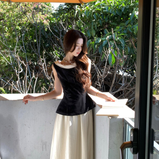 夏 收腰丝绒上衣垂感半身裙套装 木子李 李设计感撞色缎面拼接无袖