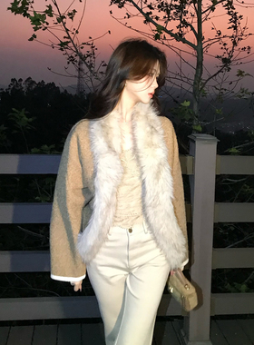 木子李的李高级感毛领呢子外套女长袖修身蕾丝打底上衣微喇长裤冬