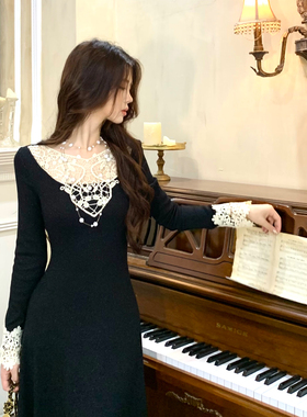 木子李的李巨好看的早秋连衣裙设计感蕾丝拼接长袖针织裙修身长裙