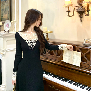 针织裙修身 早秋连衣裙设计感蕾丝拼接长袖 长裙 李巨好看 木子李