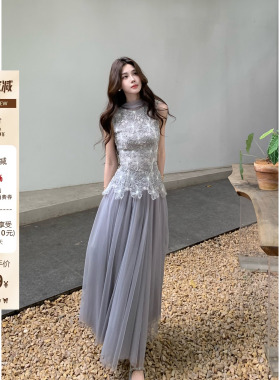 木子李的李绝美灰蓝色纱裙半身裙轻奢高级垂感网纱半裙大摆长裙夏