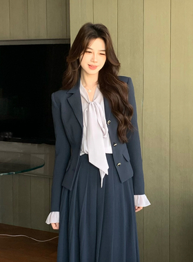 木子李的李优雅长袖垂感宽松衬衫上衣西装外套百褶半身裙套装秋冬