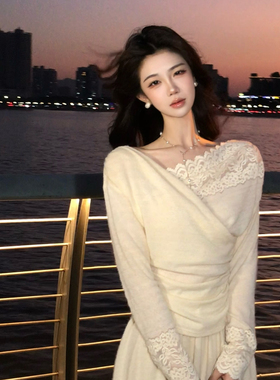 木子李的李设计感精致温柔长袖针织蕾丝拼接上衣垂感半身裙套装冬