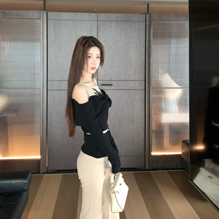 收腰上衣女高腰长裤 针织衫 冬 李设计感刺绣拼接一字肩长袖 木子李