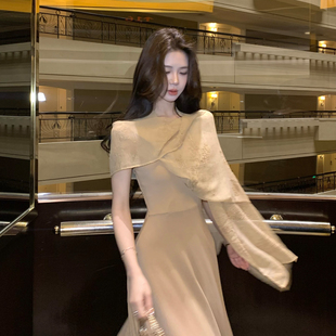 木子李 针织连衣裙挂脖V领收腰包臀长裙披肩开衫 套装 夏 李新中式