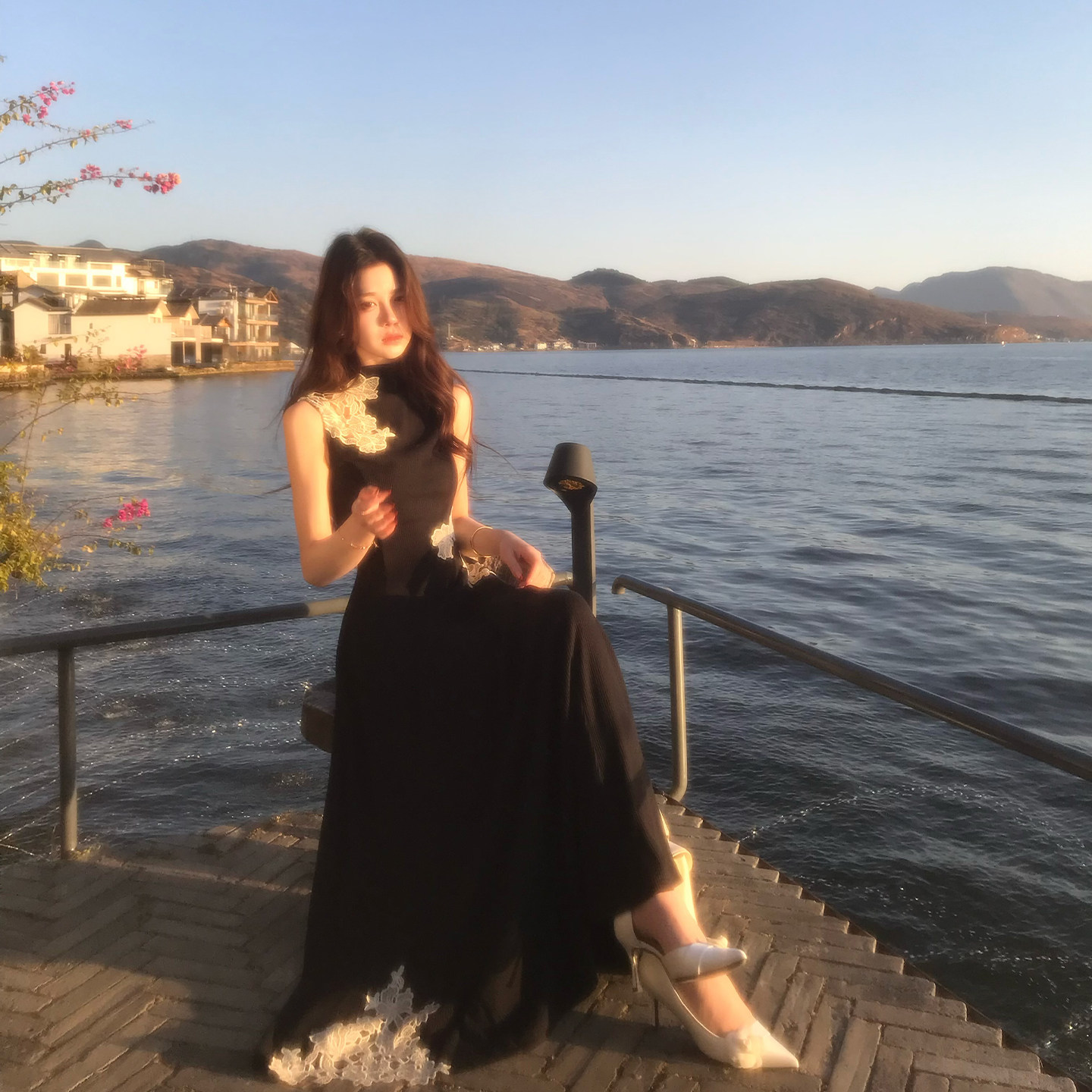 木子李的李新中式立领无袖蕾丝刺绣针织连衣裙垂感高腰A字长裙夏