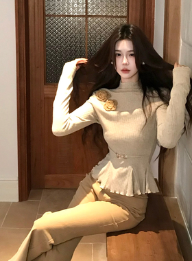 木子李的李简约通勤半高领针织衫亲肤显白上衣百搭垂感微喇长裤冬