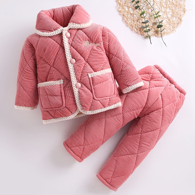 冬季儿童珊瑚绒三层夹棉睡衣女童保暖加厚加绒男童小孩家居服