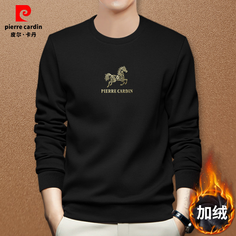 皮尔卡丹圆领加绒卫衣男士加厚2026新款春秋冬中青年休闲印花上衣