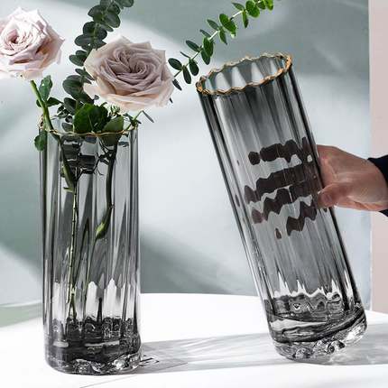 北欧简约创意花边直筒透明玻璃插花瓶水养富贵竹百合客厅餐桌摆件