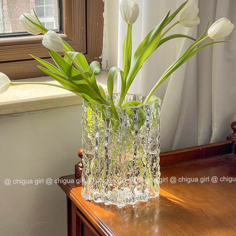 ins花瓶插花透明玻璃客厅装饰摆件冰川纹轻奢现代简约高级感水培