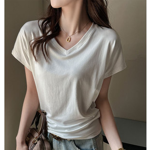 韩系v领夏季新款宽松百搭正肩显瘦基础款短袖t恤女慵懒风打底上衣