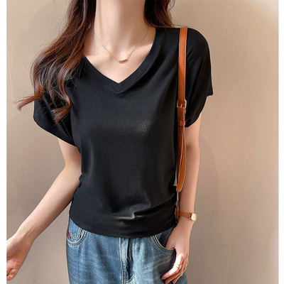 小众V领收腰显瘦蝙蝠袖T恤女