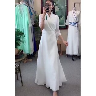中国风茶服女收腰白色汉服改良禅服仙气古风连衣裙夏