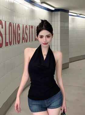 黑色荡领韩系性感纯欲美露背挂脖吊带背心女夏季外穿无袖短款上衣