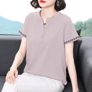 V领短袖纯色T恤刺绣夏季大码遮肚中年妈妈装气质宽松韩版女性小衫