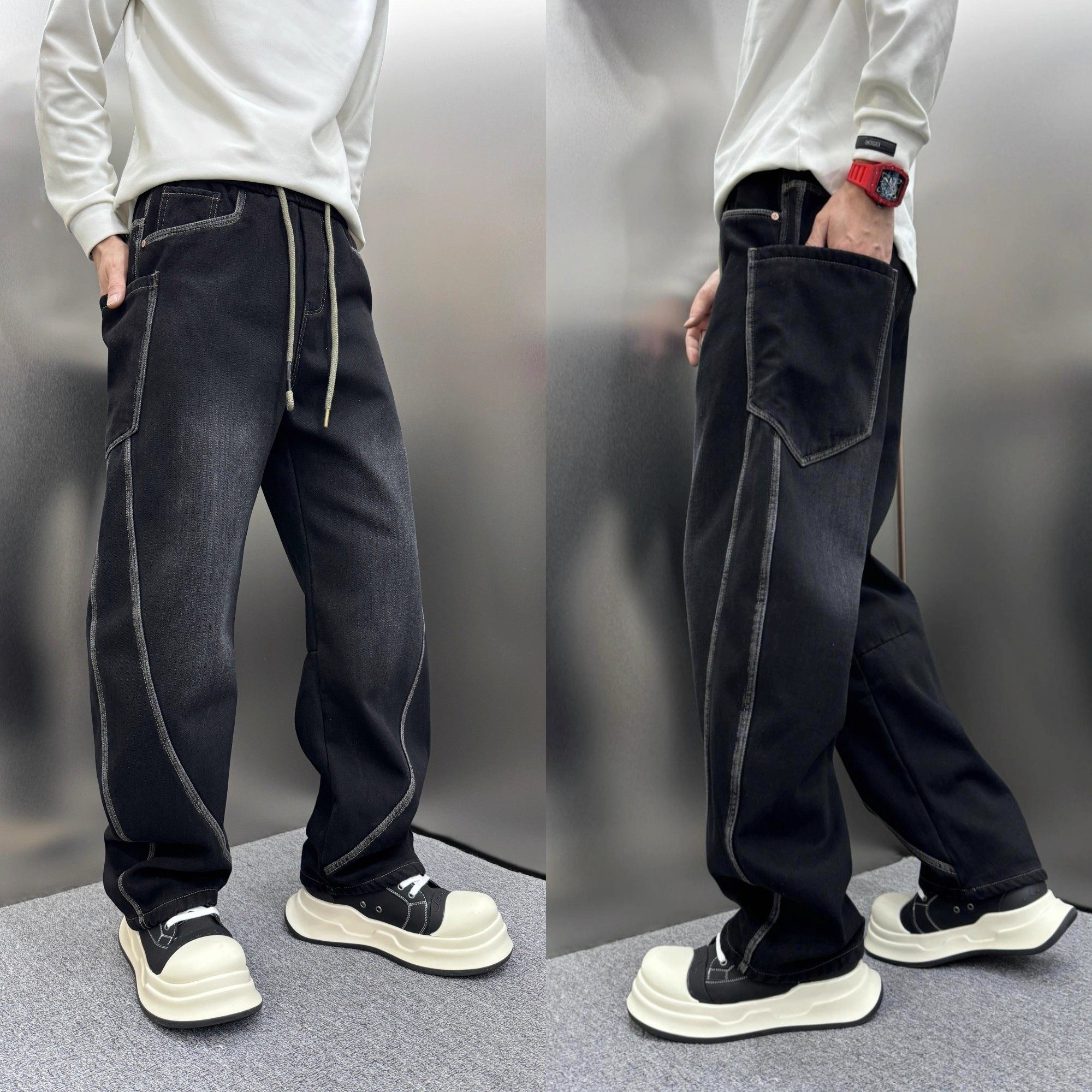 2026美式复古拼接牛仔裤男潮牌高街宽松直筒弯刀裤男士阔腿长裤子