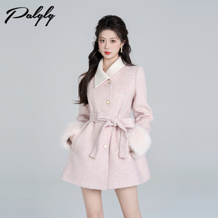 高级感粉色收腰毛呢外套女冬季气质中长款加厚法式小香风呢子大衣