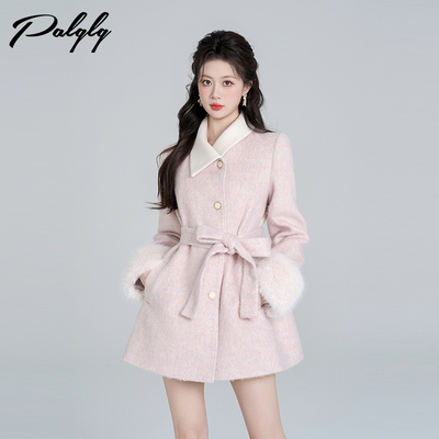 高级感粉色收腰毛呢外套女冬季气质中长款加厚法式小香风呢子大衣