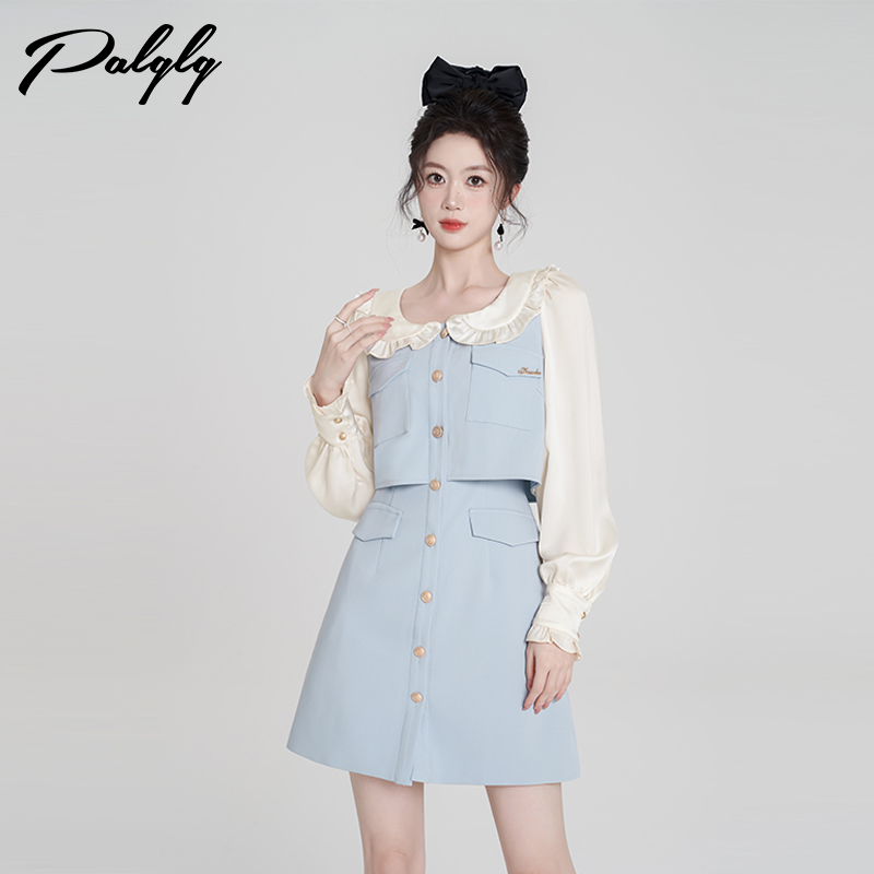 2025年春季新款高级感假两件连衣裙女装法式学院风气质娃娃领蓝色
