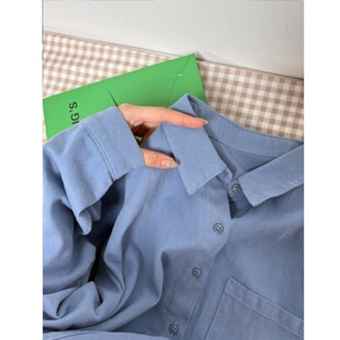 100%纯棉蓝色衬衫男女上衣内搭叠穿衬衣小个子外套早春上衣长袖