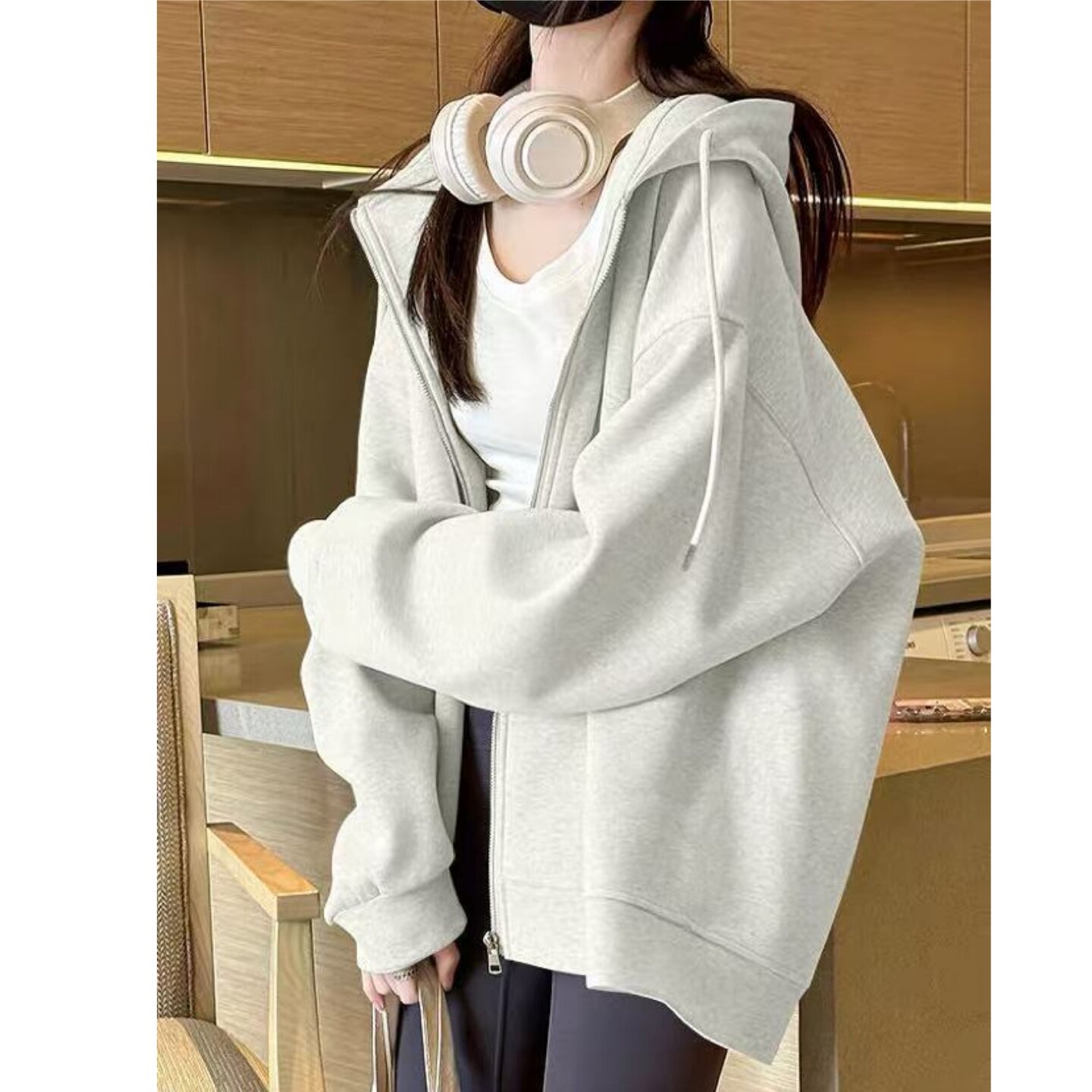 韩版高街正肩小个子连帽卫衣女2025开衫外套秋冬季短款上衣春秋款