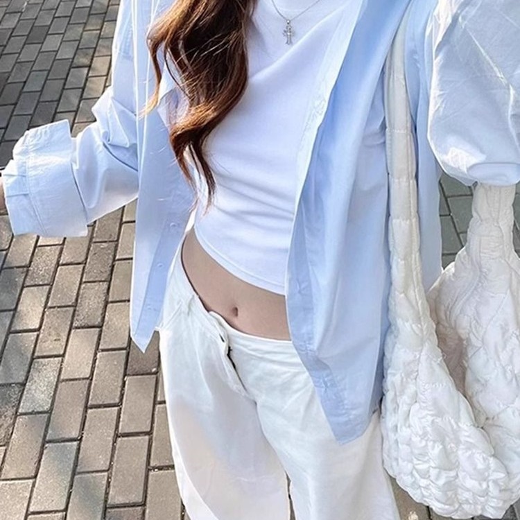 极简风蓝色正肩纯棉薄款衬衫长袖上衣法式女外穿衬衣外套百搭防晒
